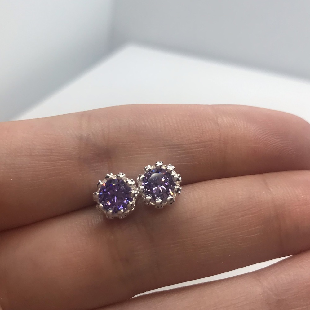 Sterling Silver 925 Purple CZ Stud Earrings - Picture 2 of 5